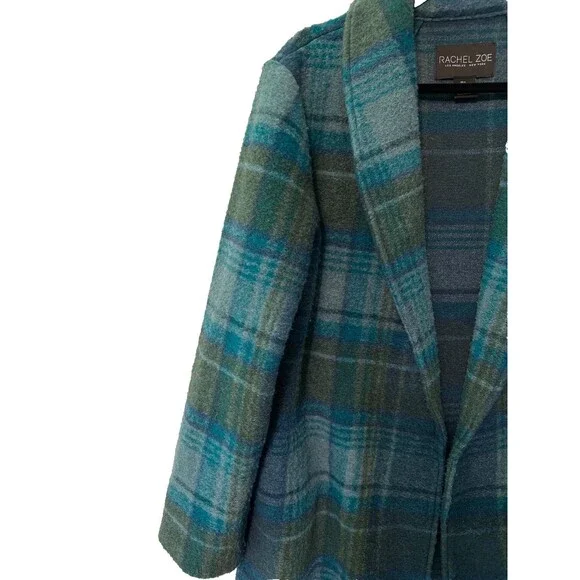 Rachel Zoe Open Front Wool Blend Green Plaid Jacket SZ L‎ - Picture 3 of 11